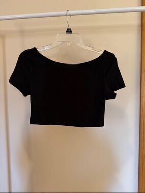 Cider Black Ribbed Off-Shoulder Crop Top